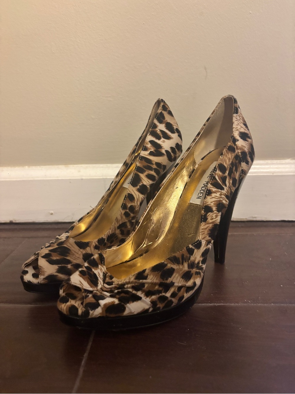 Steve Madden Leopard Print Peep-Toe Heels with Gold Lining